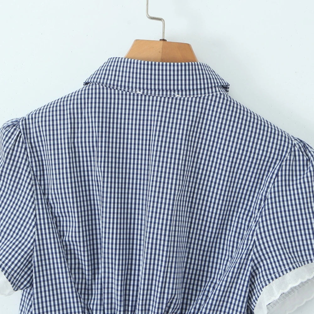 Aiertu    -  Solid Two Peice Set for Women Lapel Short Sleeve Shirt Low Waist Spliced Fungus Edge Mini Skirt Sweet Suit Female Aiertu