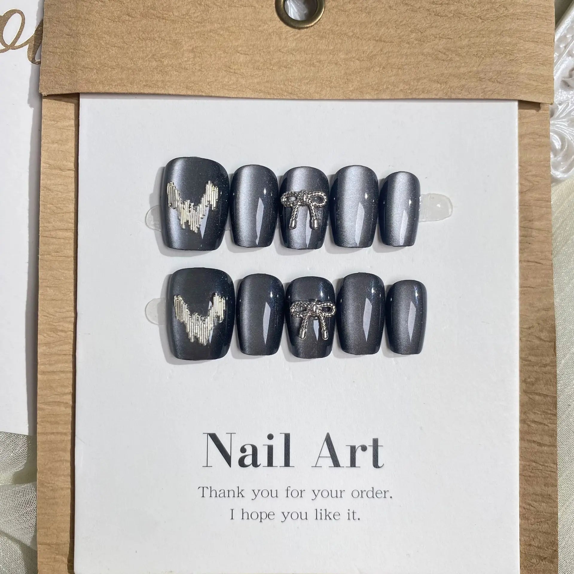 Aiertu  -  24PCS Y2k Short Coffin Press on False Nail with Glue Butterfly Metallic Silver Blush Fake Nail for Spice Girls Wearable Ins Nail Aiertu