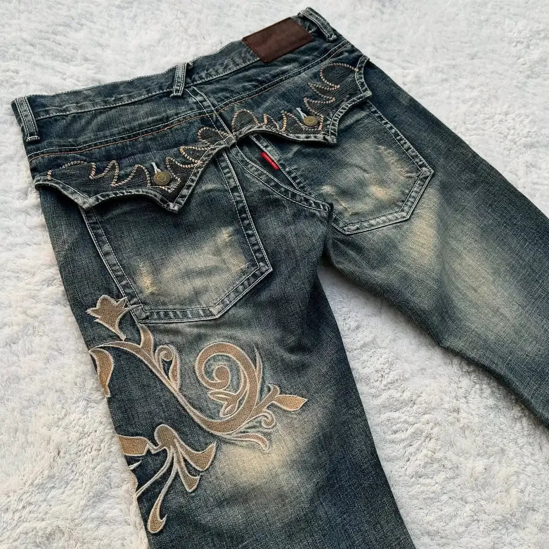 Aiertu  -  Y2k Trendy Street Harajuku Heavy Industrie Retro Blue Embroidered Pattern Jeans Women's Personalized Casual Splicing Flared Pants Aiertu