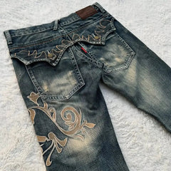 Aiertu  -  Y2k Trendy Street Harajuku Heavy Industrie Retro Blue Embroidered Pattern Jeans Women's Personalized Casual Splicing Flared Pants Aiertu