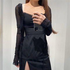 Aiertu - Square collar lace satin split dress Aiertu