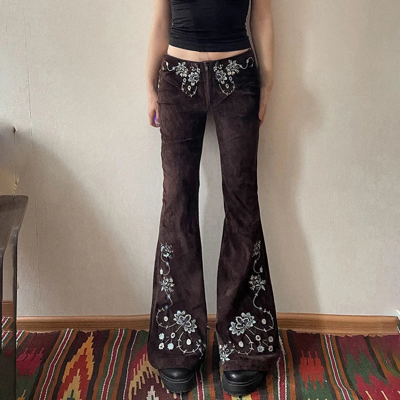 Aiertu  -  Vintage Brown Plant Embroidery Flare Jeans Y2K Women Aesthetic Low Waisted Zipper Denim Trousers Slim Boot Cut Pants Aiertu
