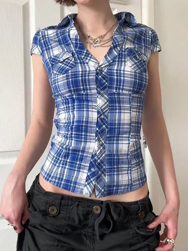 Aiertu  -  Vintage Plaid Button-Up Collared Short Sleeve Shirt Aiertu