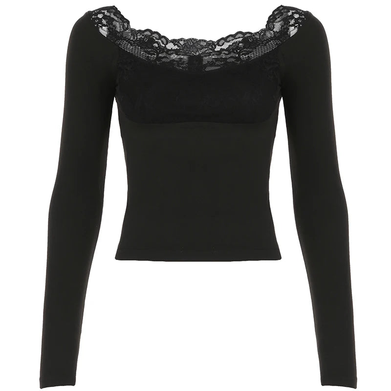 Aiertu  -  Lace Trim Crew Neck Long Sleeve T-shirt Vintage Y2K Black Fitted Crop Top Spring Casual Basic Elegant Lady Top Street Aiertu