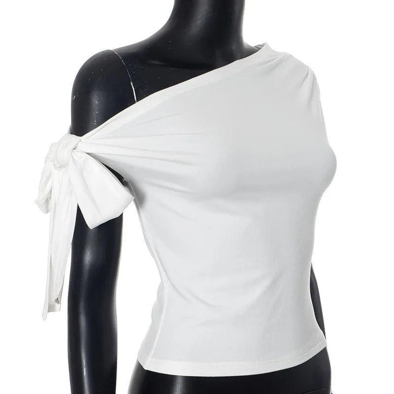 Aiertu  -  2000S New Fashion Folds Bow Solid Color Short Sleeve Sheath T-shirt 2025 Spring Women's Casual Style Slim Fit Lace-up Tees Top Aiertu