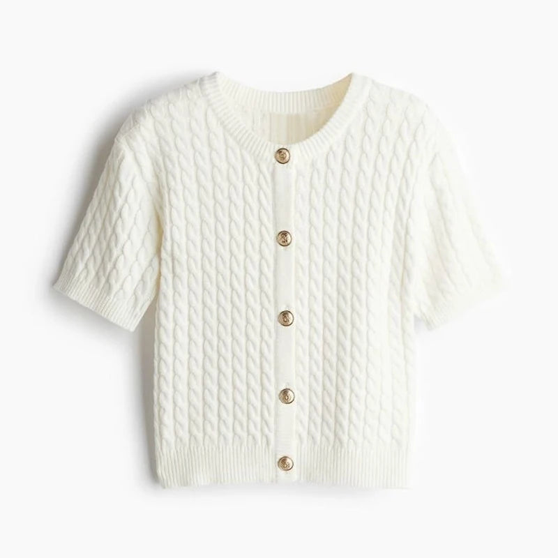 Aiertu  -  Round Neck Slim Fit Knitted Sweater Cardigan Short Sleeved Knitwear Slimming Thread Twist Comfort Top Women Fashion Autumn New Aiertu