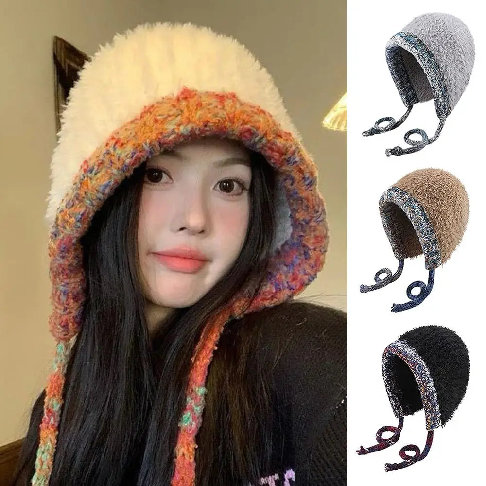 Aiertu  -  Plush Knitted Hat For Women New Autumn And Winter Thickened Warmth And Cold Resistant Woolen Hat Big Headed Cap Balaclava Hat Aiertu