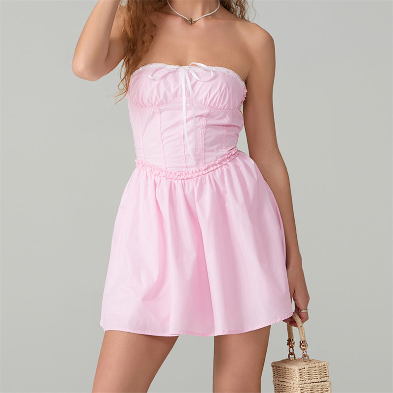 Aiertu  Women's y2k Corset Mini Dress Pink Strapless Tie-up Front Lace Trim Tube Top Dress Short Party Going Out Dresses Aiertu