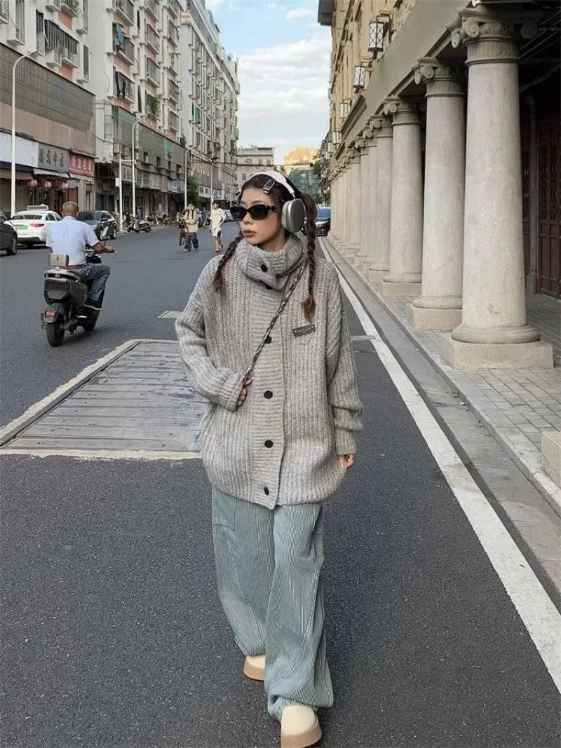 Aiertu  -  American Retro Y2K Pocket Striped Baggy Jeans Women Autumn Winter Street Loose Casual Harajuku Fashion High Waist Wide Leg Jeans Aiertu