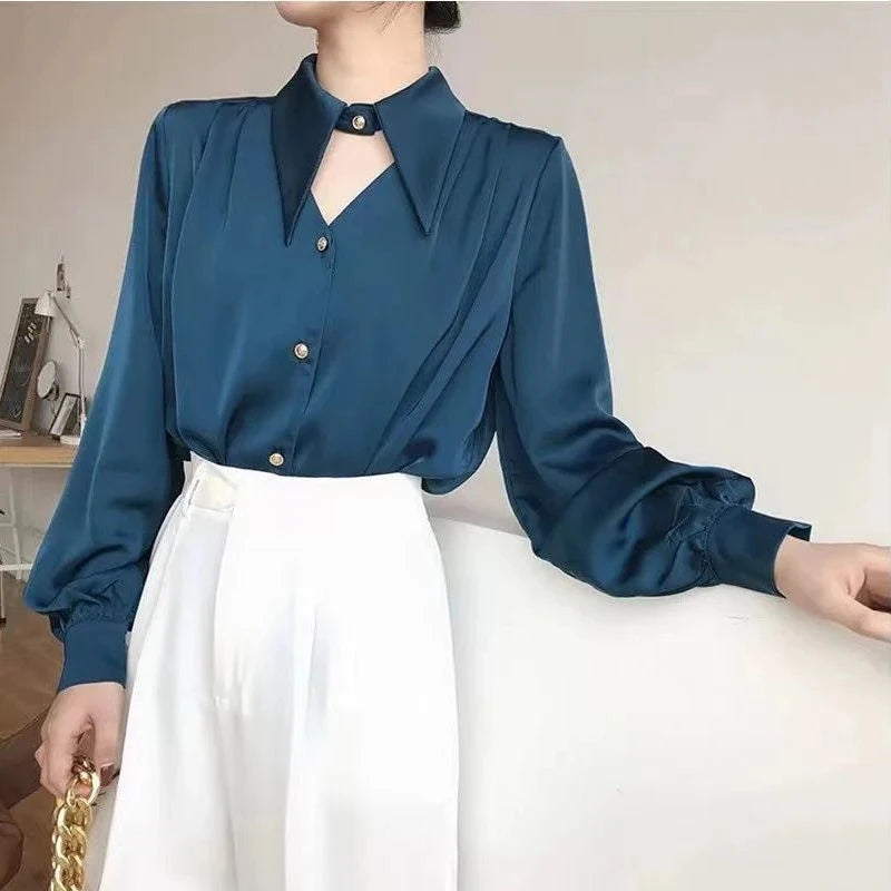 Aiertu Elegant Chic Shirts Women Turn Down Collar Long Sleeve Hollow Out Blouse Office Lady Spring Korean Ol Solid Button Tops Aiertu