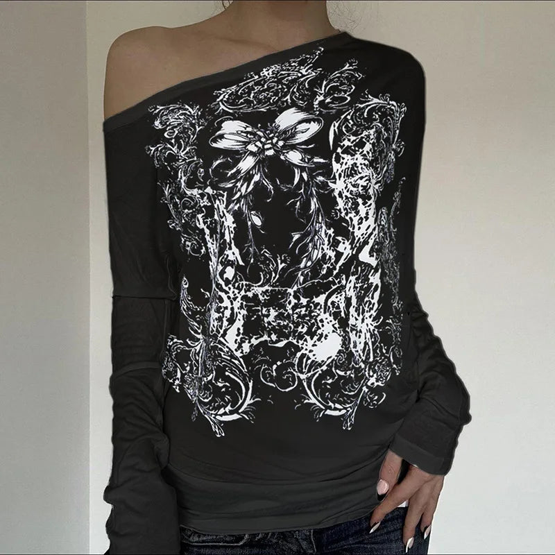Aiertu  -  Halloween European and American personality niche dark printing contrasting colors loose large version long-sleeved T-shirt top Aiertu