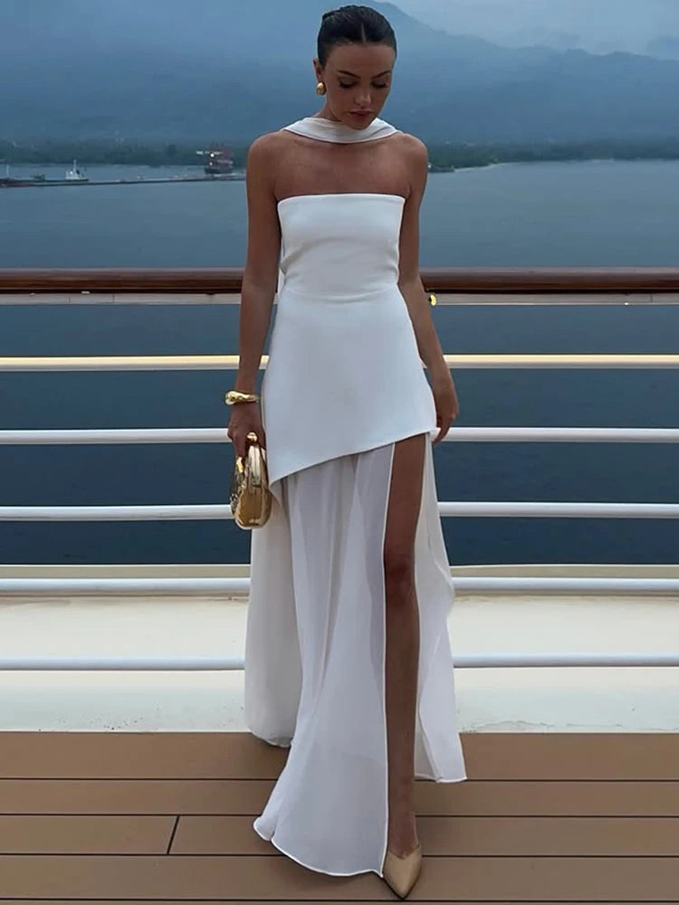 Aiertu  Lace Patchwork Tube Top Dress Women 2025 Summer Fashion High Waist Off Shoulder Maxi Dress Vacation Elegant Party Dress Aiertu