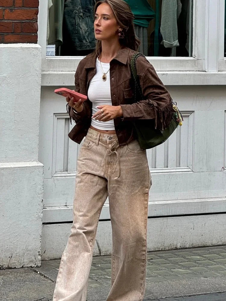 Aiertu  -  Fashion Brown Tassel Women's Jacket Casual Single Breasted Long Sleeved Flip Pockets Outerwear Chic Autumn High Street Coats Aiertu