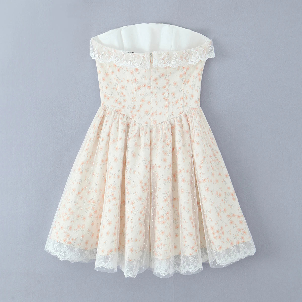 Aiertu  -  Women Flower Print Mesh Cross Lacing up Bandage Bow Corset Strapless Dress Low Waist Party Skater A-line Swing Short Robe Aiertu