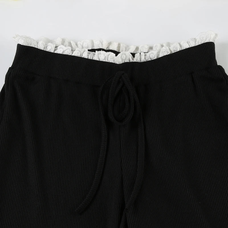 Aiertu  -  Black Knit Flared Leggings Women Kawaii Ruched Patchwork Low Rise Skinny Casual Pants for Summer Streetwear y2k Trousers Aiertu
