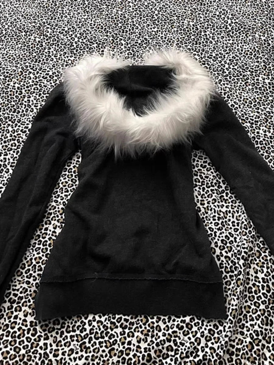 Aiertu  -  New Zipper Hoodie Women Y2k Harajuku Retro Letter Printed Fur Collar Slim Hoodie Fashion Simple Black Sweatshirt Warm Jacket Top Aiertu