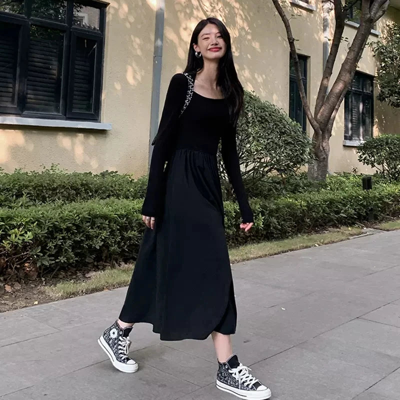 Aiertu Vintage Square Collar Maxi Wedding Dresses for Women Clothing Party Office Lady Casual Black Pockets Bodycon Midi Dress Autumn Aiertu
