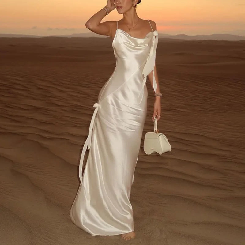 Aiertu  -  White Satin Backless Long Dress Women Sexy SleevelessTassels Flower Decor Bodycon Robes 2025 Elegant Holiday Party Maxi Dresses Aiertu
