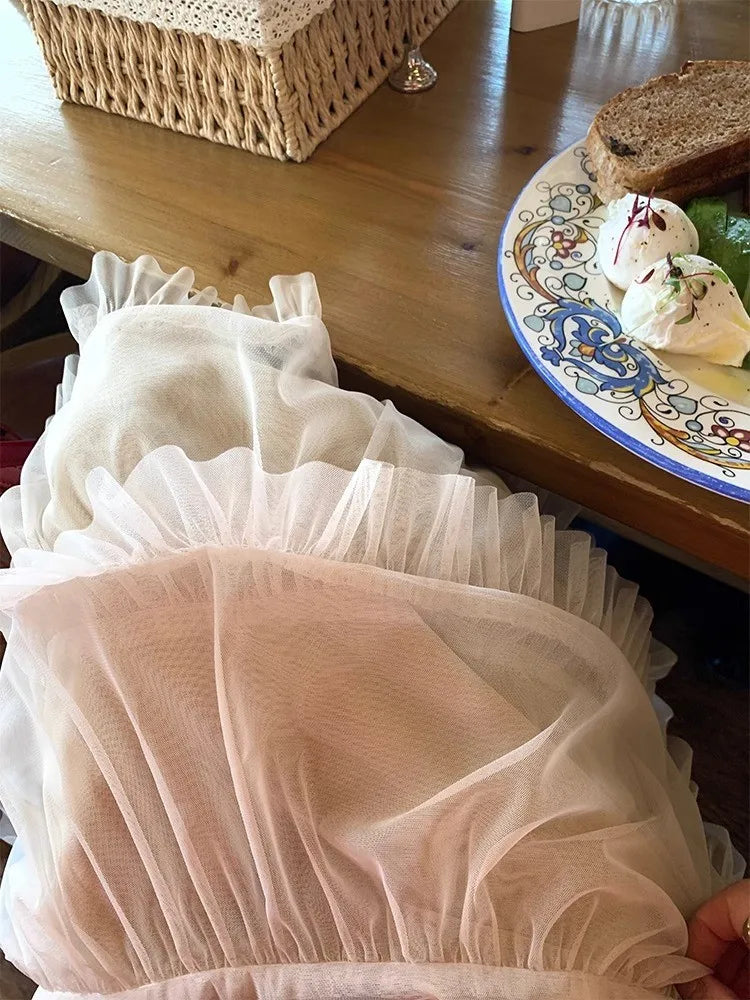 Aiertu  -  Sweet Chic Ruffle Mesh Tutu Cake Skirt Elastic Waist Beige Streetwear Long Skirt 2025 New Spring Summer A-line Fashion Skirts Aiertu