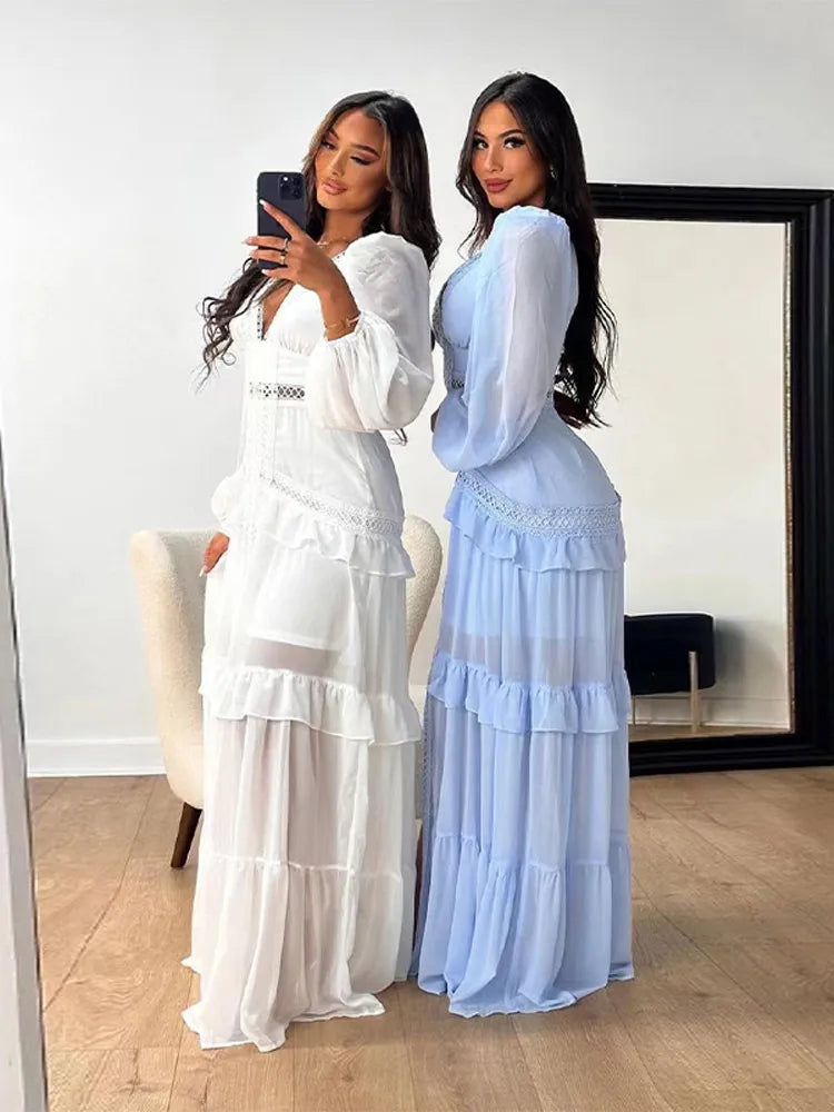 Aiertu  -  Autumn Winter Elegant Patchwork Dress Long Sleeve V-neck Ruffles Lace Maxi Dress Lady Party Holiday Streetwear Robes New Aiertu