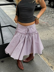 Aiertu  -  Women Y2k Low Rise Plaid Midi Skirt Lace Up Ruffle Hem A Line Skirt 90s Vintage Tie Up Gingham Tiered Skirt Going Out Streetwear Aiertu