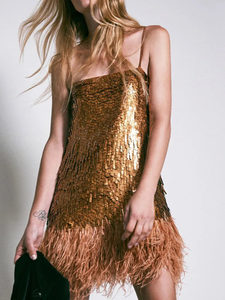 Aiertu  -  Sequin Feather Sling Dress Women A-line Slim Hip Package Sexy Mini Party Dresses 2026 Fashion Lady Elegant Club Evening Vestido Aiertu
