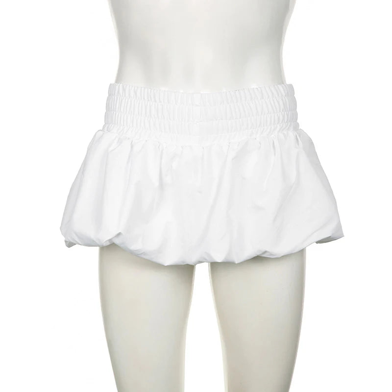 Aiertu  -  Sweet Girls Bud Mini Skirts Elastic Low Waist Pleated Solid White Summer Puffball Hem Lantern Bud Skirt Chic Casual Outfits Aiertu