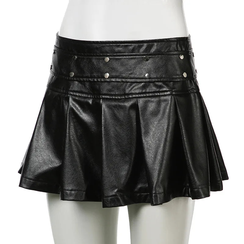 Aiertu  -  Y2K Rivet PU Leather Mini Skirt Hot Girl Pleated Skirt Punk Zipper Low Waist Black Party Club Skirt Female Autumn Fashion Aiertu