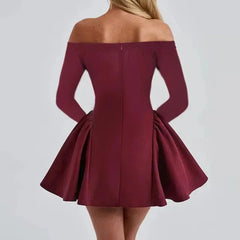 Aiertu  -  Sexy Off Shoulder Backless Mini Dress Women Deep V Neck Slim Long Sleeve A-line Dresses 2025 Lady Elegant Solid Party Ball Gowns Aiertu