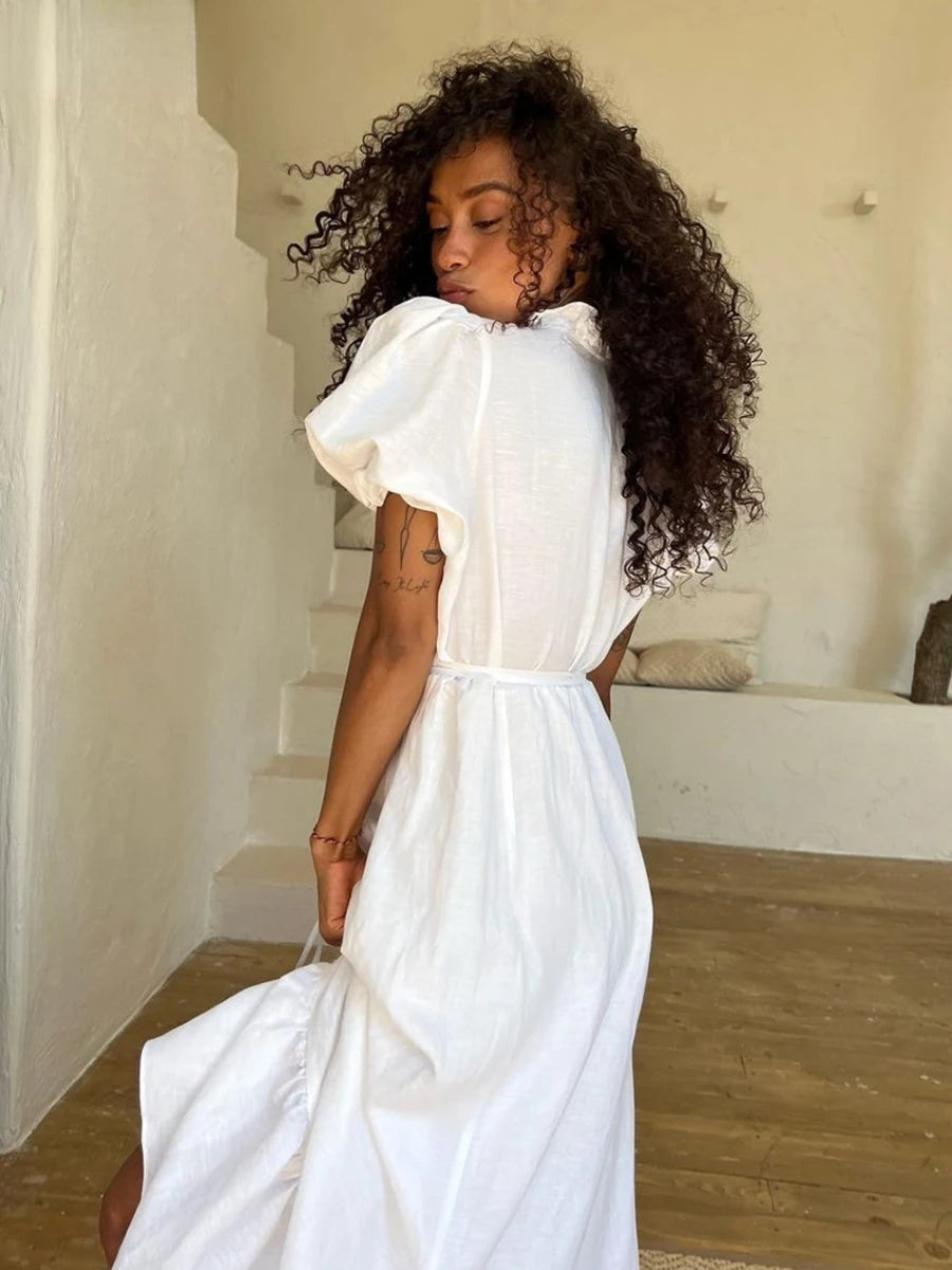 Aiertu  -  Summer Loose White Cotton 2 Piece Sets Women Outfit Fashion Short Sleeve Shirt  High Waist Pleated Long Skirts Set Aiertu
