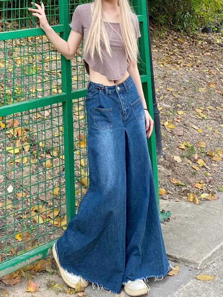 Aiertu  -  Denim Elephant Wide Leg Pants Women High Waist Solid Distressed Pleated Frayed Casual Baggy Jeans Vintage Streetwear Aiertu