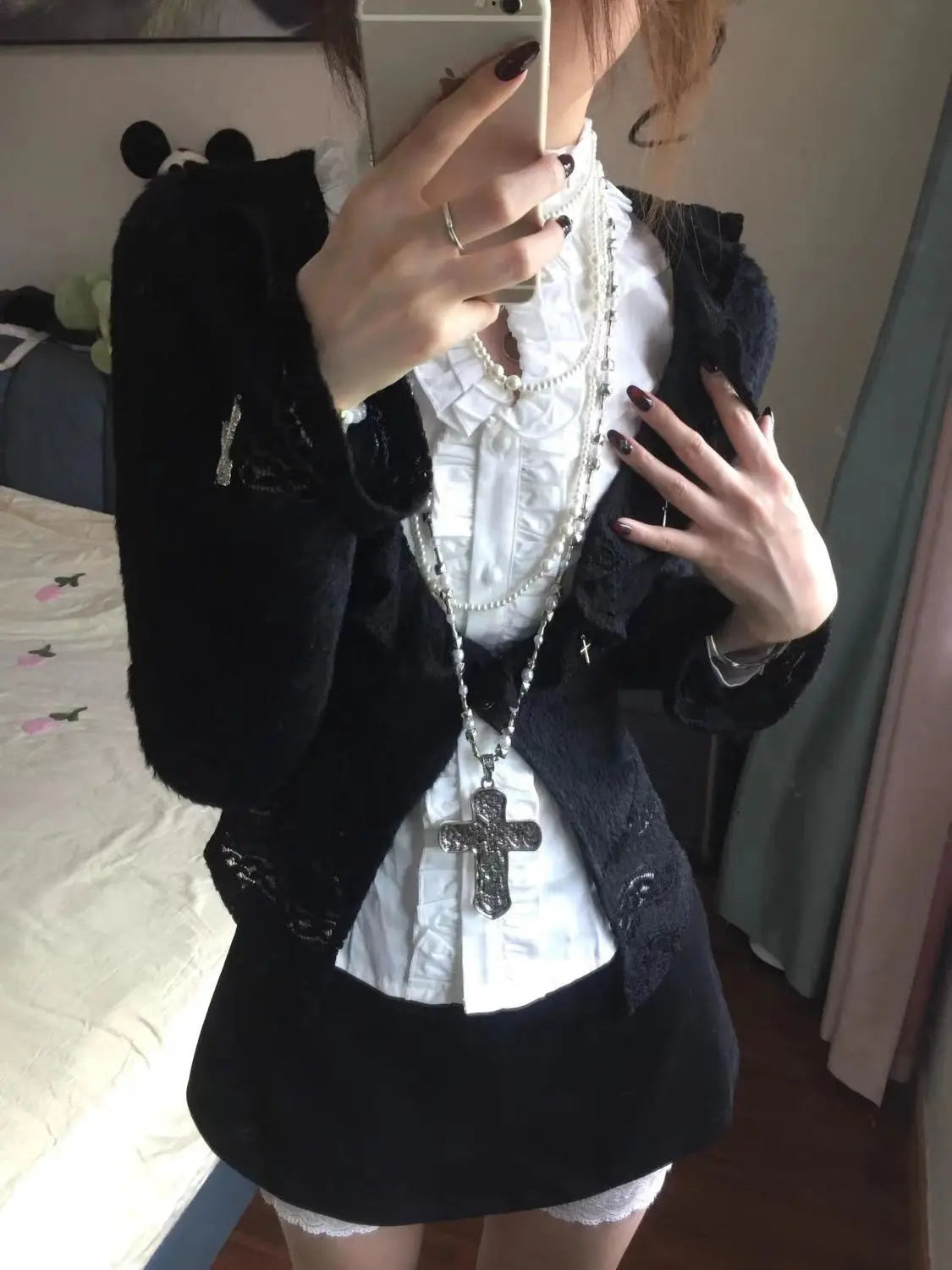 Aiertu  -  French Sweet Cool Harajuku Popular 3 Piece Sets Y2k Exquisite Draped White Blouse Black Cardigan Japan Punk Streetwear Skirts Aiertu