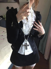 Aiertu  -  French Sweet Cool Harajuku Popular 3 Piece Sets Y2k Exquisite Draped White Blouse Black Cardigan Japan Punk Streetwear Skirts Aiertu