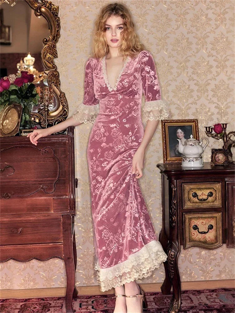 Aiertu  -  V-Neck Lace Printed Long Dress For Women Patchwork Elegant Short Sleeve High Waist Contrast Party Dress Female Maxi Dress Aiertu