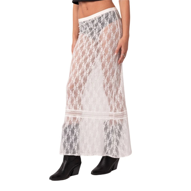 Aiertu     -  Fall Outfits 2026 Sexy See-Through Lace Sheer Maxi Skirt Women Low Waist Transparent Long Skirt Music Club Party Fairy Coquette Cover-up Skirt Aiertu