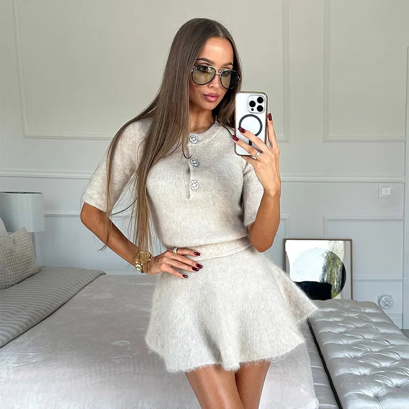 Aiertu  -  Women O Neck Button Wool Sweater Suit Casual High Waist Knitted Mini Skirts Set Fashion Autumn Winter Lady Commuting Outfit Aiertu
