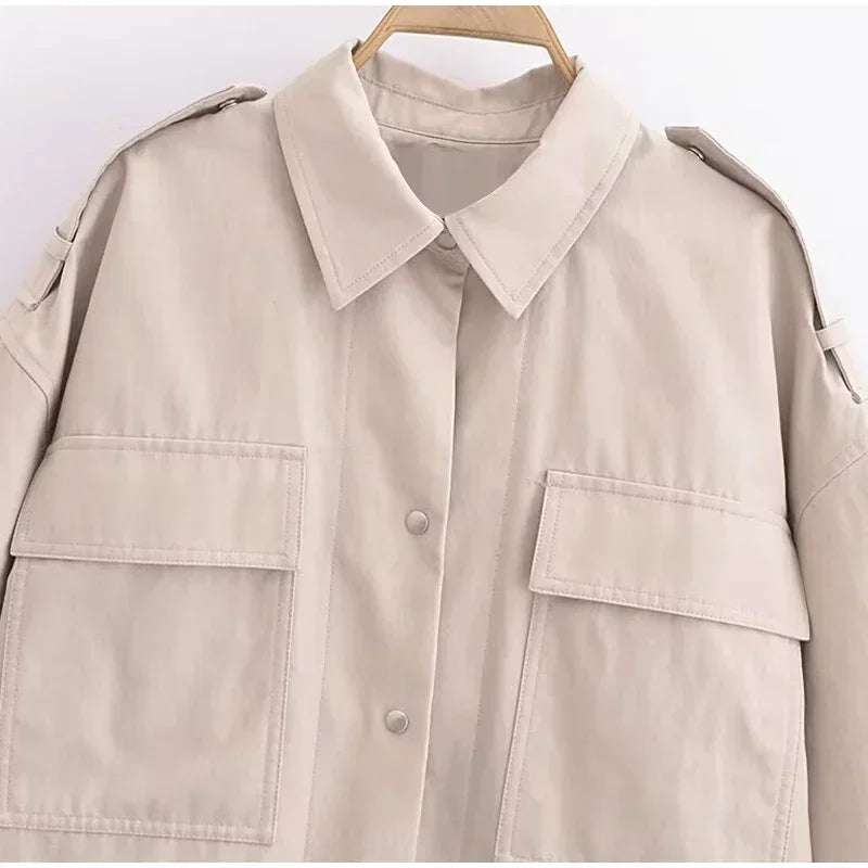 Aiertu  -  Fashion Lapel Spliced Coats Women Casual Single-breasted Pockets Short Sleeve Female Jacket Autumn Lady Solid Loose Outwear Aiertu