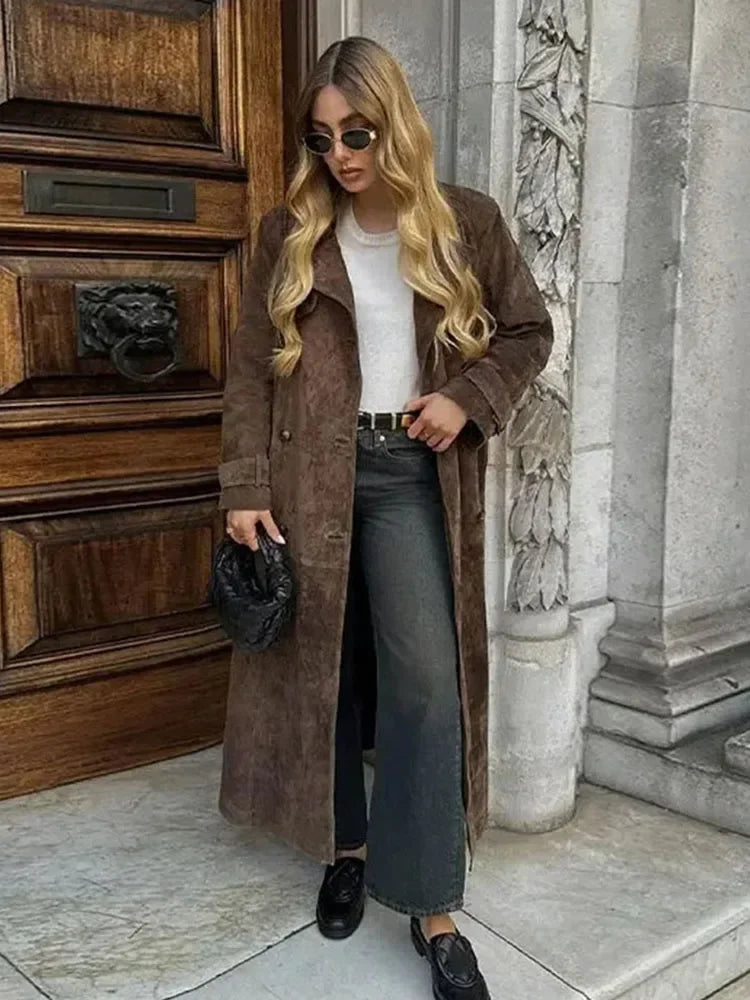 Aiertu  -  Female Retro Jacket Elegant Brown Belted Waist Long Coat Double Breasted High Street Autumn Fashion Full Sleeve Outwear Aiertu