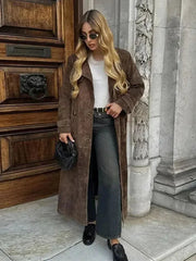 Aiertu  -  Female Retro Jacket Elegant Brown Belted Waist Long Coat Double Breasted High Street Autumn Fashion Full Sleeve Outwear Aiertu