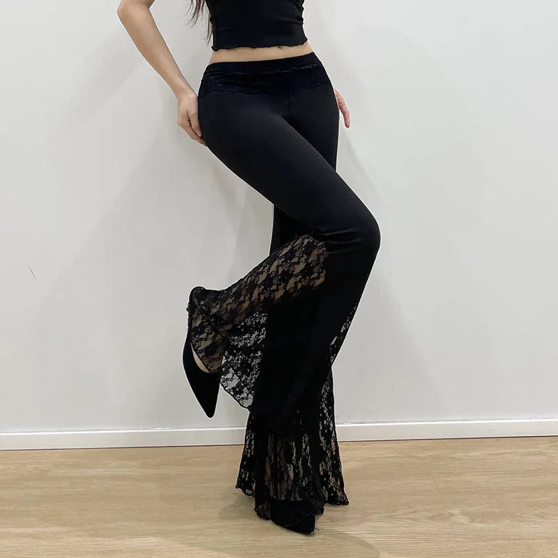 Aiertu  -  Women's 2025 Autumn Spring Fashion Streetwear Lady Casual Patchwork Lace Flare Pants Sexy Slim Mid-Waisted Wide Leg Pants Aiertu