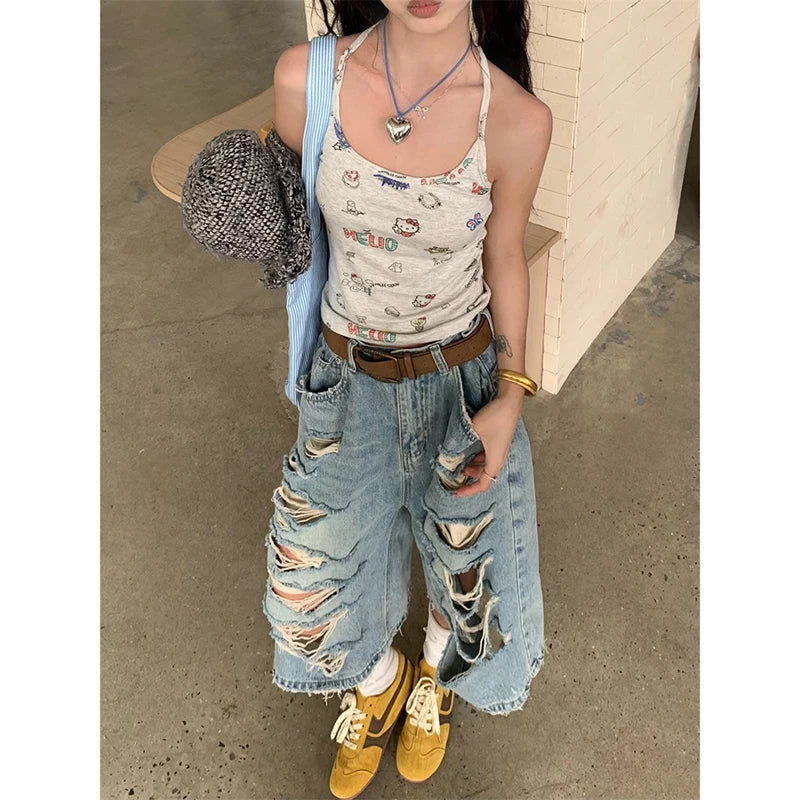 Aiertu  Y2K Streetwear Denim Shorts Women American Vintage High Waist Baggy Wide Leg Denim Shorts New Hole Straight Knee Length Pants Aiertu
