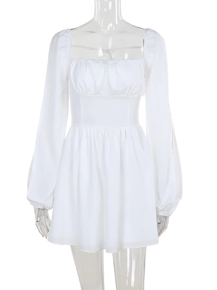 Aiertu  -  Sexy Square Collar Hollow Out Women Dress White Long Sleeve Bandage Mini Dress Winter Slim Elegant Party Club Dress Aiertu