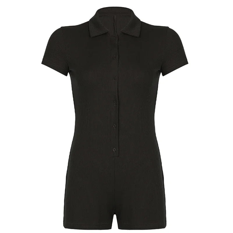 Aiertu  -  Solid Button Up Turn Down Collar Short Sleeve Slim Ribbed Rompers Womens Playsuit Basic Vintage Casual Summer Shirts Aiertu