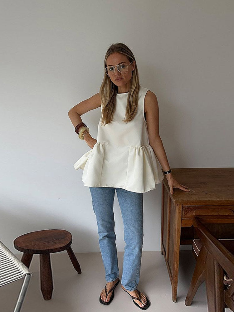 Aiertu  -  Casual Street Solid Sleeveless Shirt Women Fashion Loose Pleated O-neck Large Hem Tops Female 2025 Spring Versatile Chic Tops Aiertu