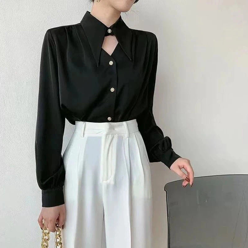 Aiertu Elegant Chic Shirts Women Turn Down Collar Long Sleeve Hollow Out Blouse Office Lady Spring Korean Ol Solid Button Tops Aiertu