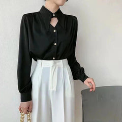 Aiertu Elegant Chic Shirts Women Turn Down Collar Long Sleeve Hollow Out Blouse Office Lady Spring Korean Ol Solid Button Tops Aiertu