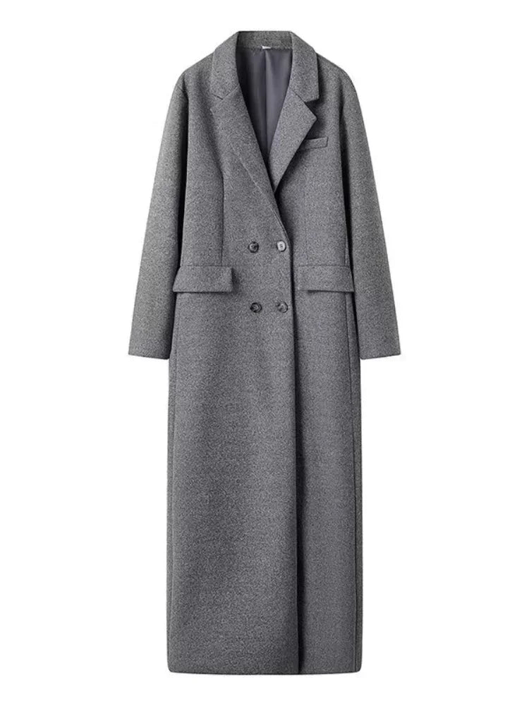 Aiertu  -  Fashion Grey Lapel Long Woolen Coats Women Double-breasted Pockets Long Sleeves Overcoat 2026 Autumn Lady Street Outerwear Aiertu