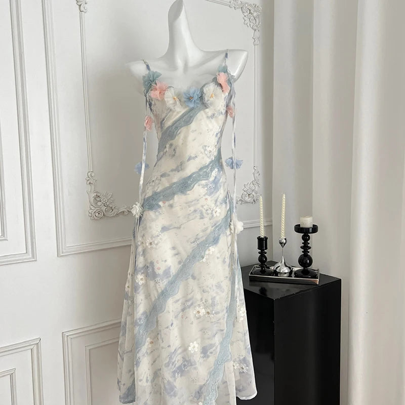 Aiertu  -  Fairy Print Midi Dress Women Fashion Elegant Vacation Floral Spaghetti Strap Dresses Summer Korean Sexy Bodycon Vestidos Aiertu