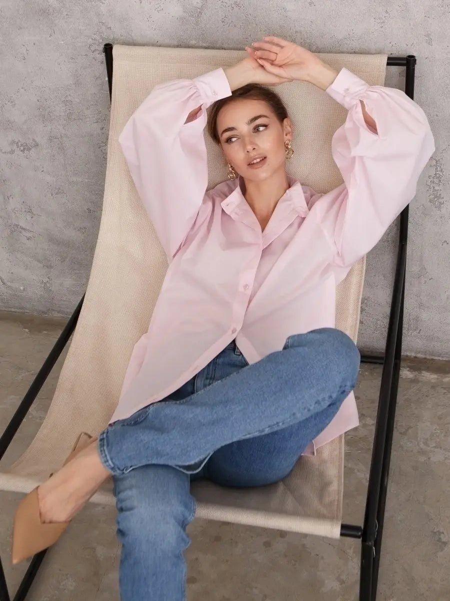 Aiertu  -  Loose O-neck Women Stylish Shirts Spring Summer Lantern Sleeve Single-breasted Female 100% Cotton Blouse Ladies Tops Aiertu