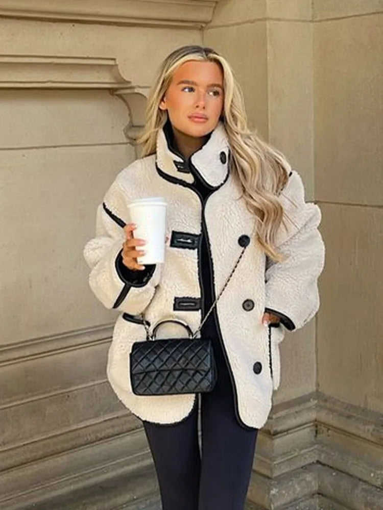 Aiertu  -  Street Patchwork Lamb Wool Women Jacket Full Sleeve Single Breasted Lady Coat Autumn Winter Soft Warm Female Outwear Aiertu